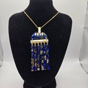 Gold-Tone Chain Necklace With Blue & Gold Resin Pendant 30" Statement Jewelry